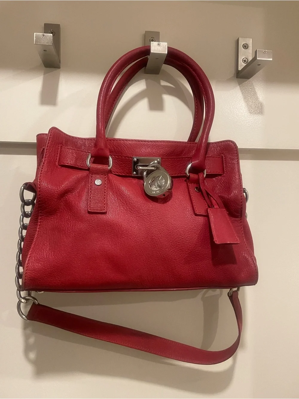 Michael Kors Red Pebbled Leather Satchel with Chain Strap